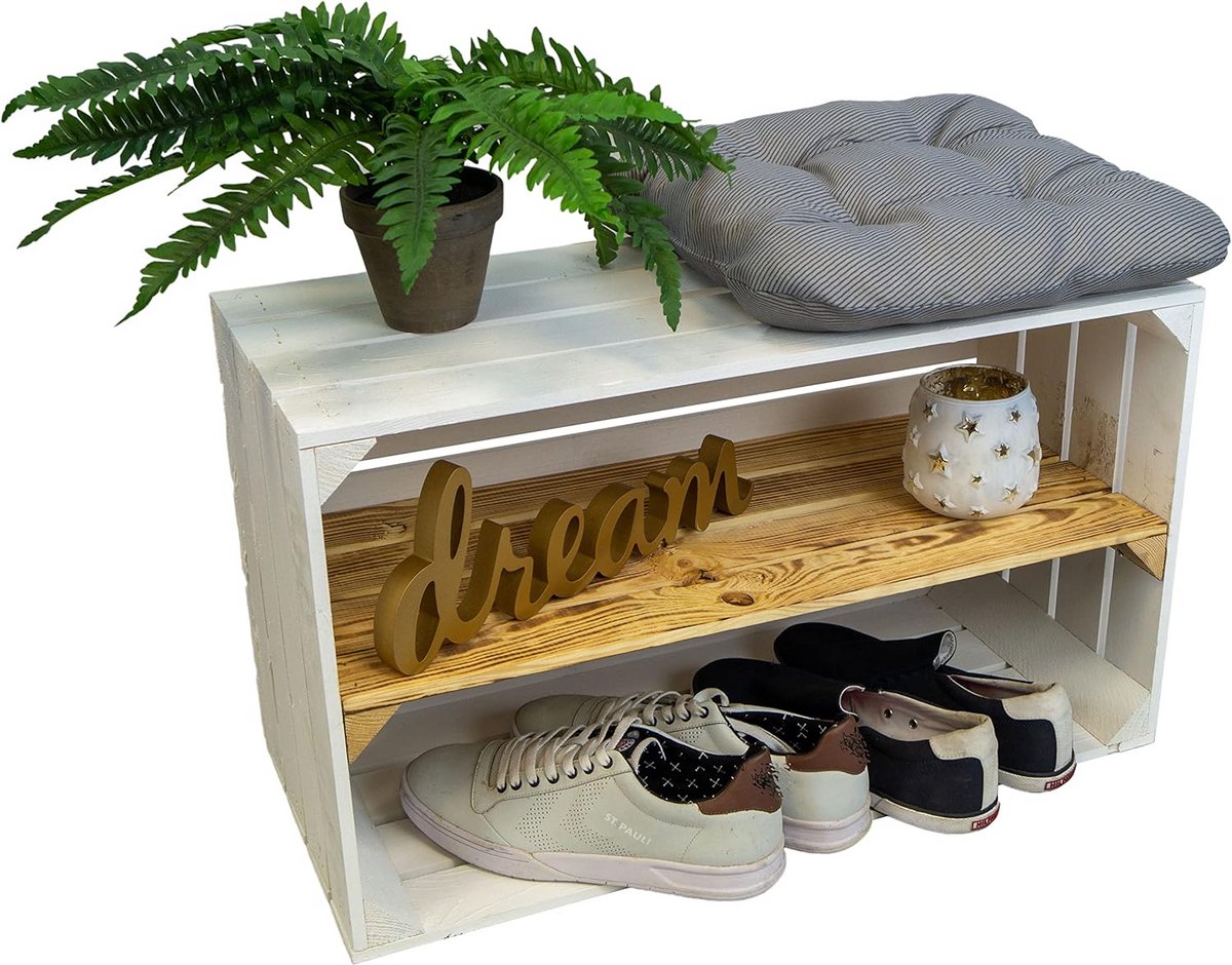 Houten Schoenenrek Kast voor 9 Paar - Opbergkist met Middenbord - 68x40x30 cm - Wit Gevlamd (9101026374944)