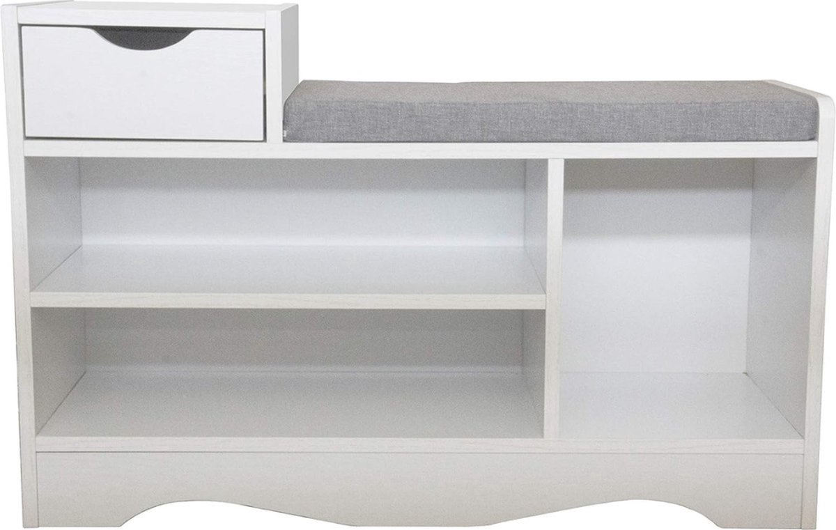 Houten schoenenbank, schoenenrek, organizer voor gangkasten met zitkussen en laden voor hal en woonkamer (wit 2) (6152517155187)