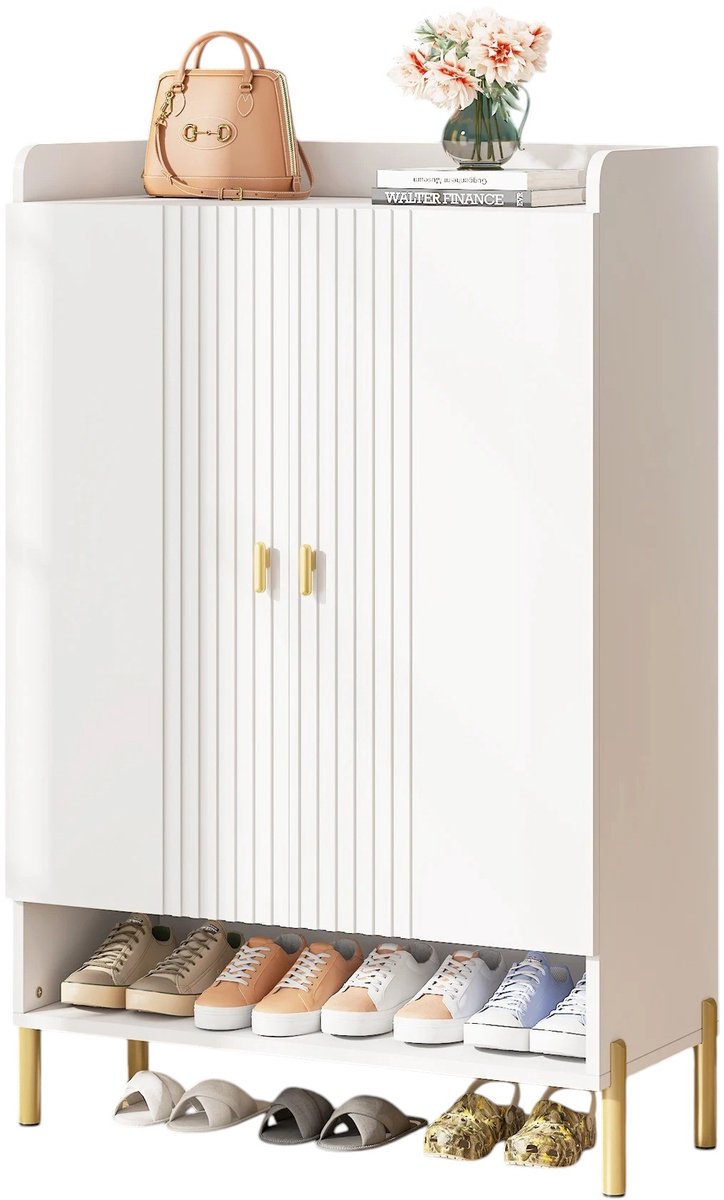 JerMore® - Verstelbare Schoenenkast 6-Laags - 75 x 35 x 110 cm - Stijlvol wit/goud - Max. 20 paar schoenen - Met deuren en tafelblad (6152100940985)