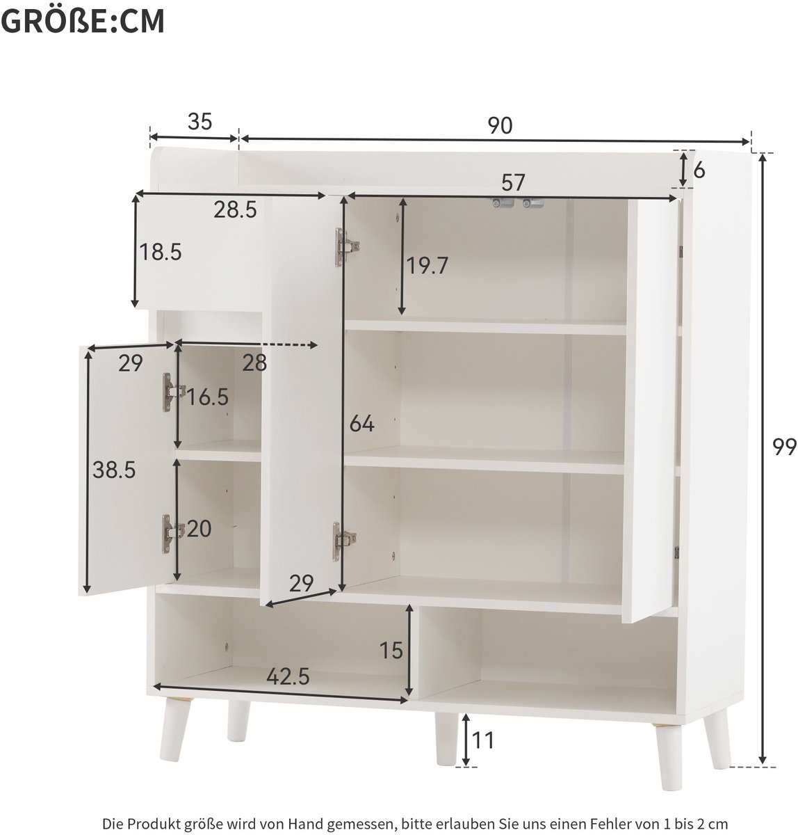 Ladekast / Sideboard / Schoenenkast met verstelbare planken - Minimalistische opbergmeubel met massief houten poten - Afmetingen: H99 cm x B90 cm x T35 cm (0781113496729)