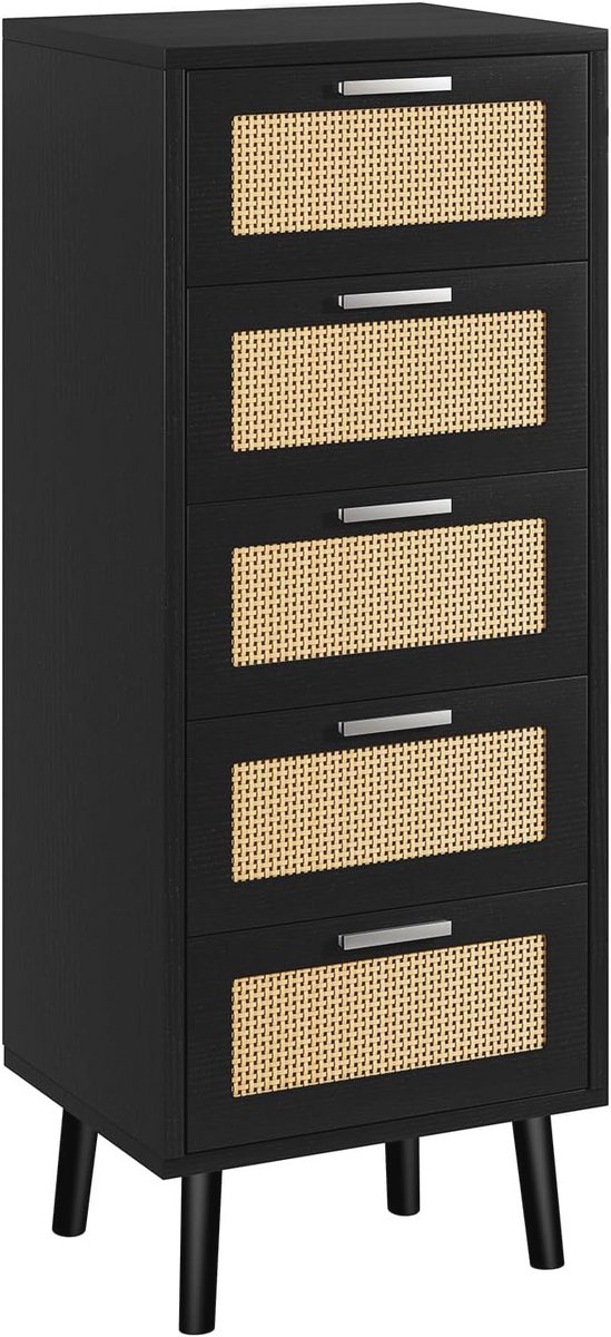 Ladeskast met Riet, 5 Lades, Houten Opbergkast voor Slaapkamer, Woonkamer en Gang, Zwart (9101018028404)
