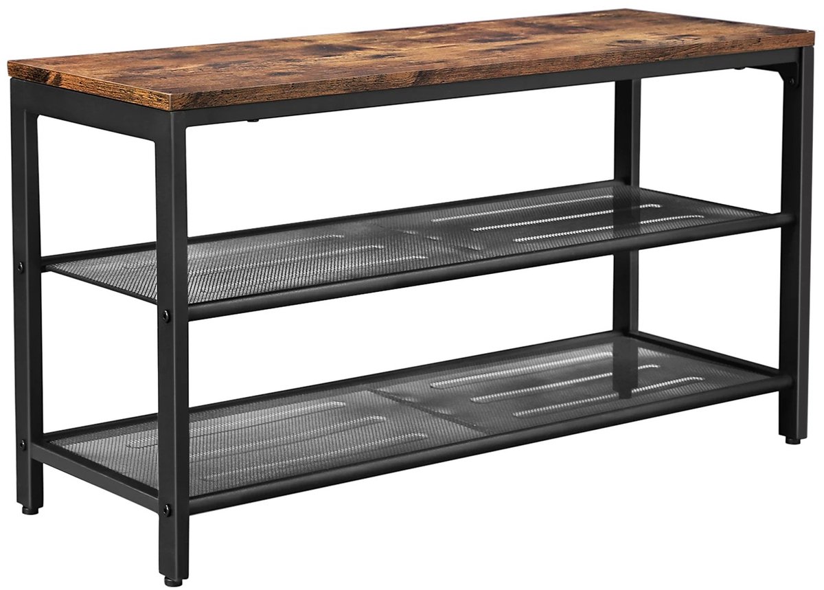 Lunekiss schoenenbank industrieel met schoenenrek - halbank 80×30×45 cm bruin (8721472500400)