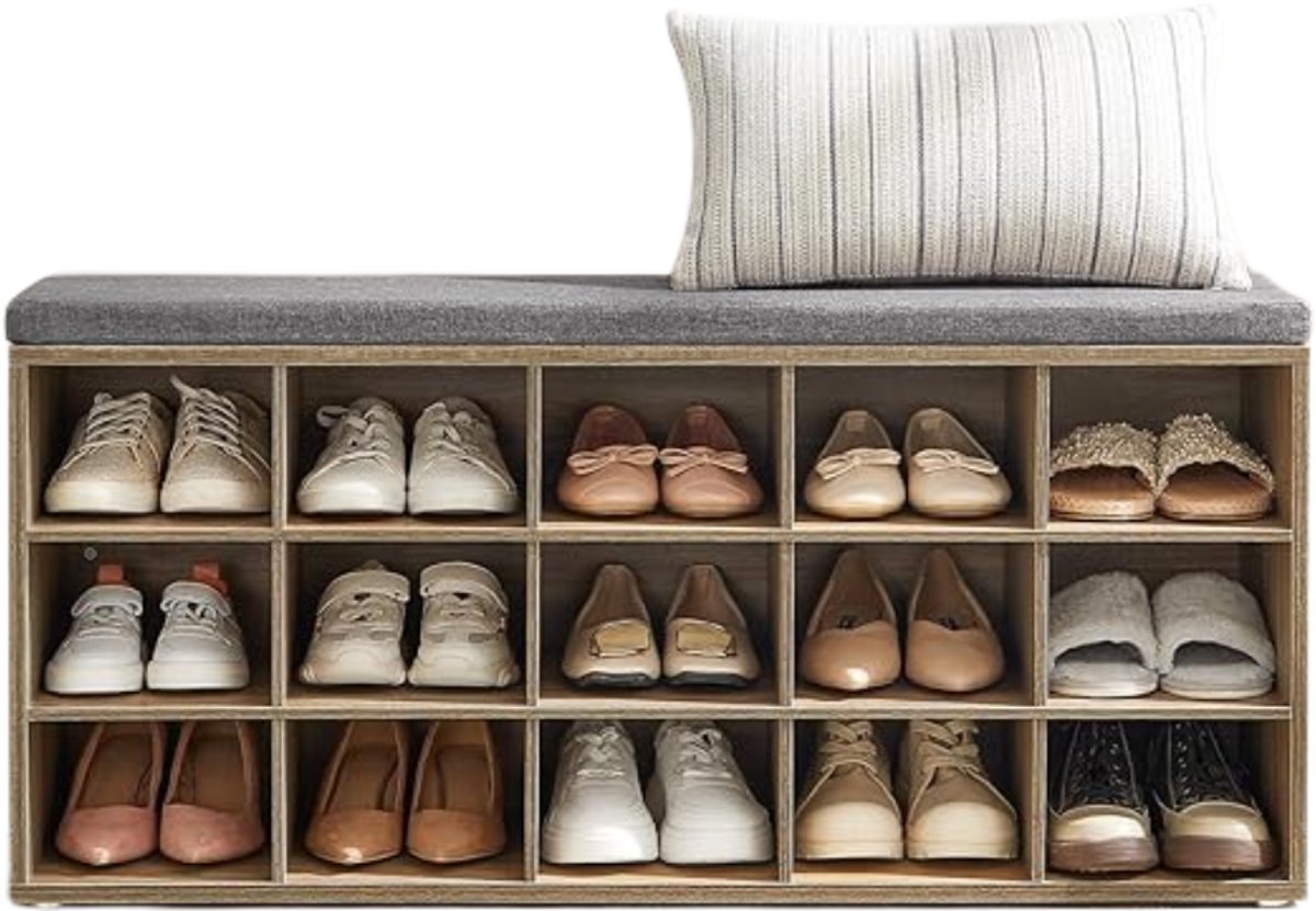 MAZAZU Schoenenkast - Schoenenbank met zitkussen - Houten Halbank - Eiken/Grijs - 30x105x48cm (8720909815858)