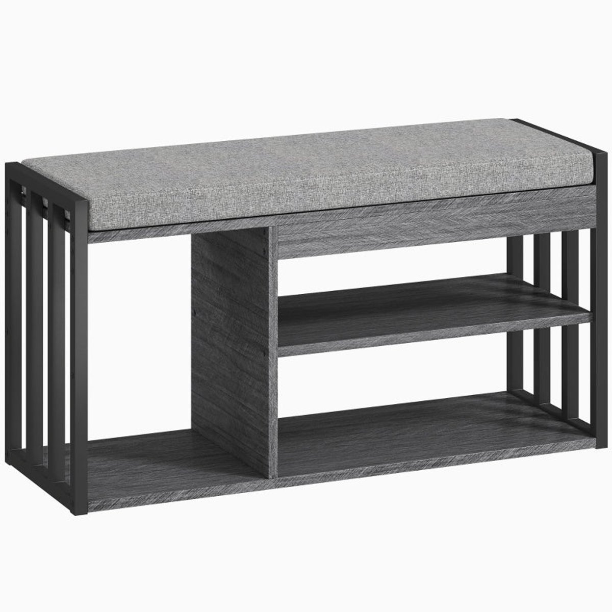 Merax Schoenenrek met Zitbank - 3-Laags Schoenenbank met Kussen - Houten Schoenenkast met Metalen Frame - Halbank voor Flur en Woonkamer - Grijs - 129 kg (8721178478867)