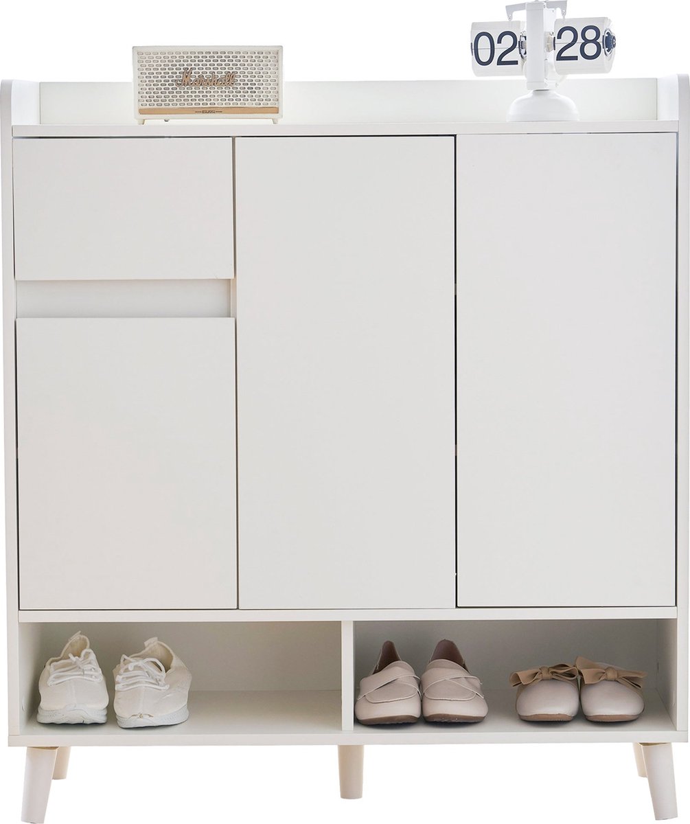 Merax Witte Opbergkast - Minimalistisch Dressoir met Verstelbare Legplanken en Massief Houten Poten - 99x90x35 cm (8721178454410)