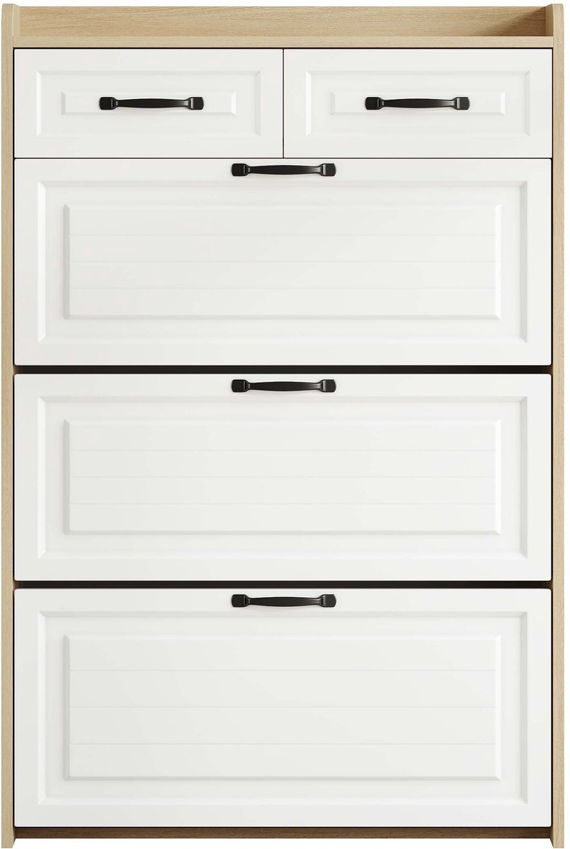 Modern minimalistische kantelbare schoenenkast Opbergkast 80×23,5×131 cm Wit Houten frame 3 deuren 2 lades Grote draaibare opberglagen Kantelbeveiliging Geschikt voor hal en woonkamer (4255839485009)