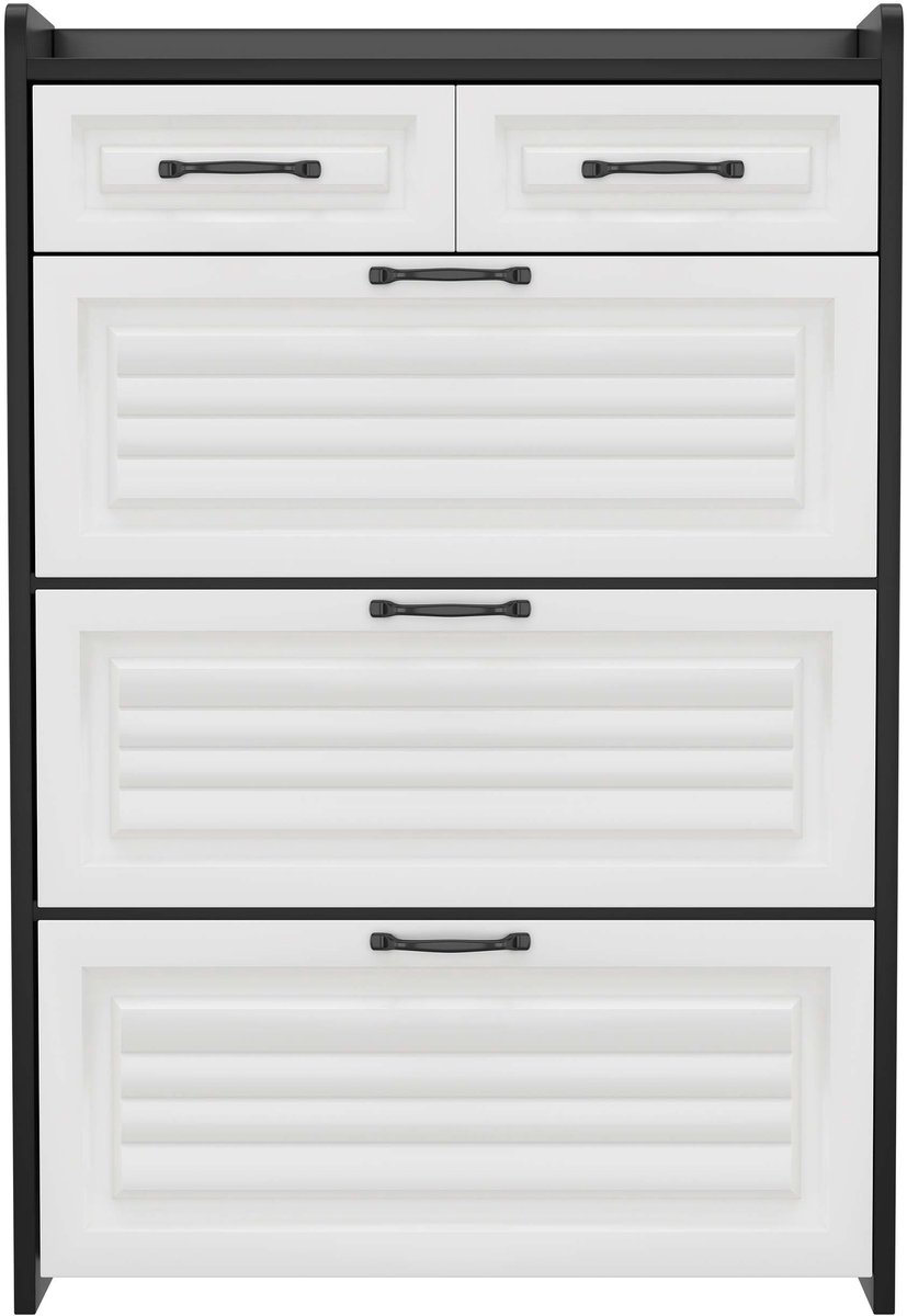 Modern minimalistische kantelbare schoenenkast Opbergkast 80×23,5×131 cm Wit+zwart Houten frame 3 deuren 2 lades Grote draaibare opberglagen Kantelbeveiliging Geschikt voor hal en woonkamer (4255839485016)