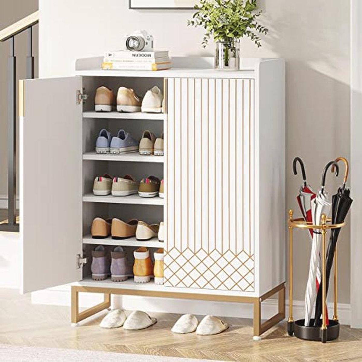 Moderne Schoenenkast met 2 Deuren - 75 x 35 x 105 cm - 5 Lagen Schoenopbergkast voor 25 Paar Schoenen (9101001217051)