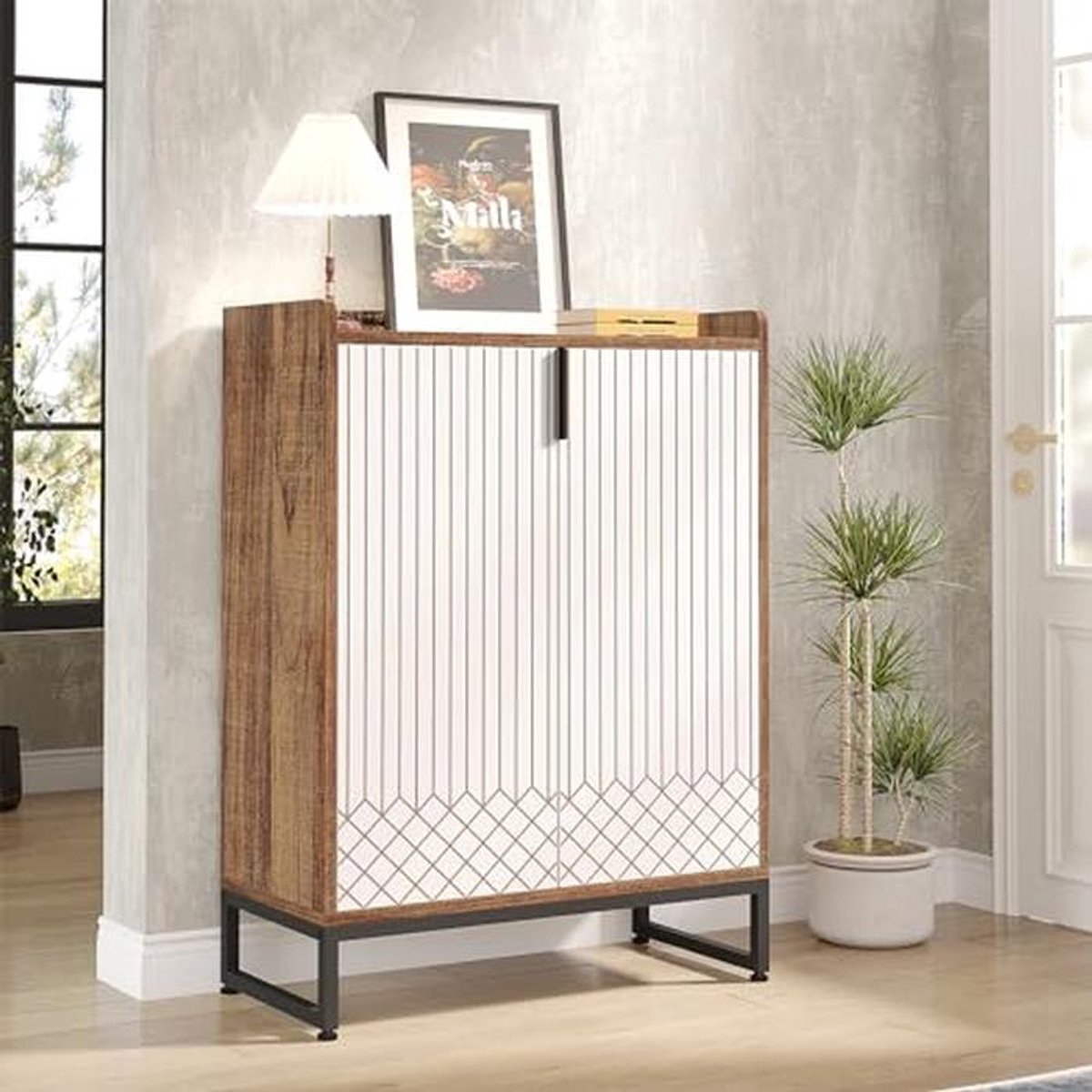 Moderne Schoenenkast met 2 Deuren - 75 x 35 x 105 cm, Voor 25 Paar Schoenen, Houten Schoenopberger voor Woonkamer, Slaapkamer, Hal en Kasten (6153820953941)