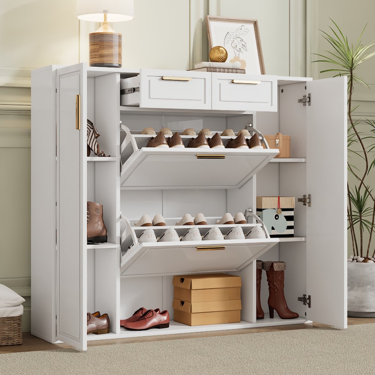 Moderne schoenenkast met verstelbare legplanken - 2 lades - opklapbare schoenenkast - wit - 120x24x107cm (5063371375394)