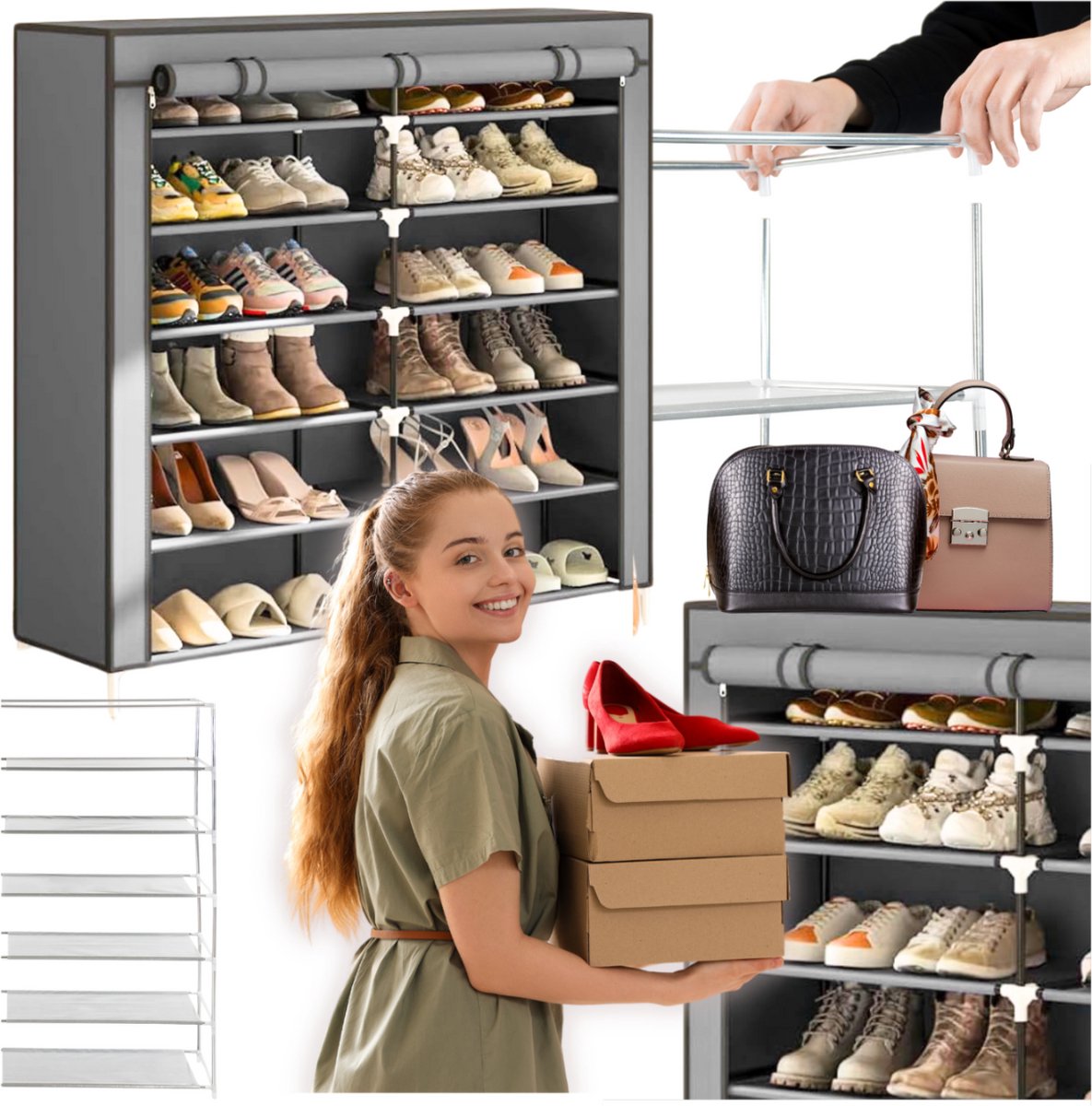 More&Deco - Textielen Schoenenkast - 6 Niveau's - Grijs - Ruime Opbergoplossing (5905258932187)