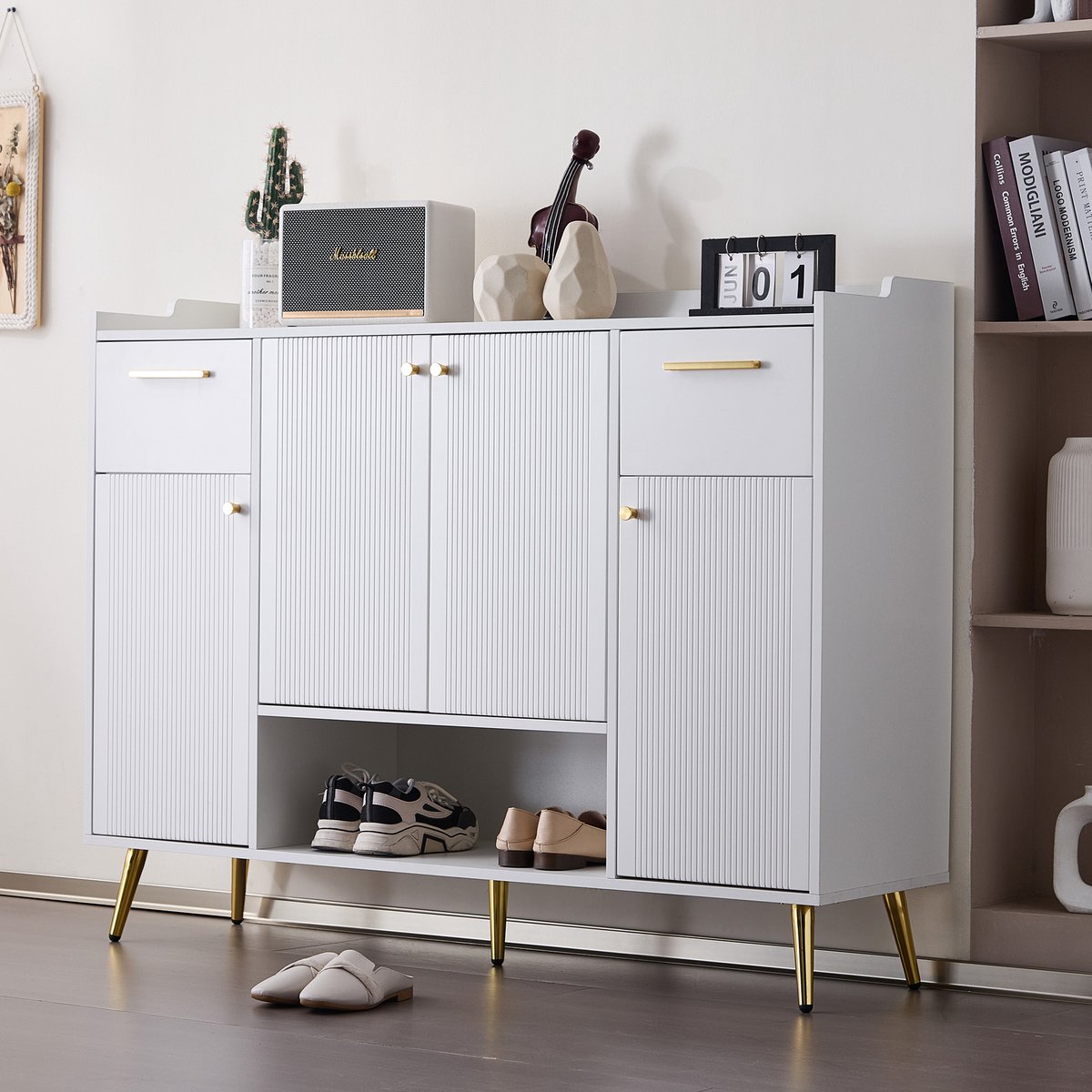 OKWISH Schoenenkast - Schoenenopberger Kast Met Laden En Deuren - Praktisch Schoenenrek Voor Hal - 130x37x100 cm - Spaanplaat - Wit (4070861444868)