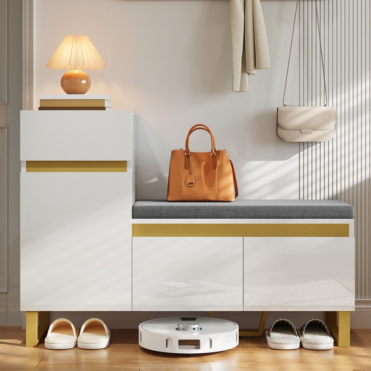 PHOEBE CAT Schoenenkast - Halmeubel - Met lades - Beklede zitting - Hoogglans - Wit (6243254148119)