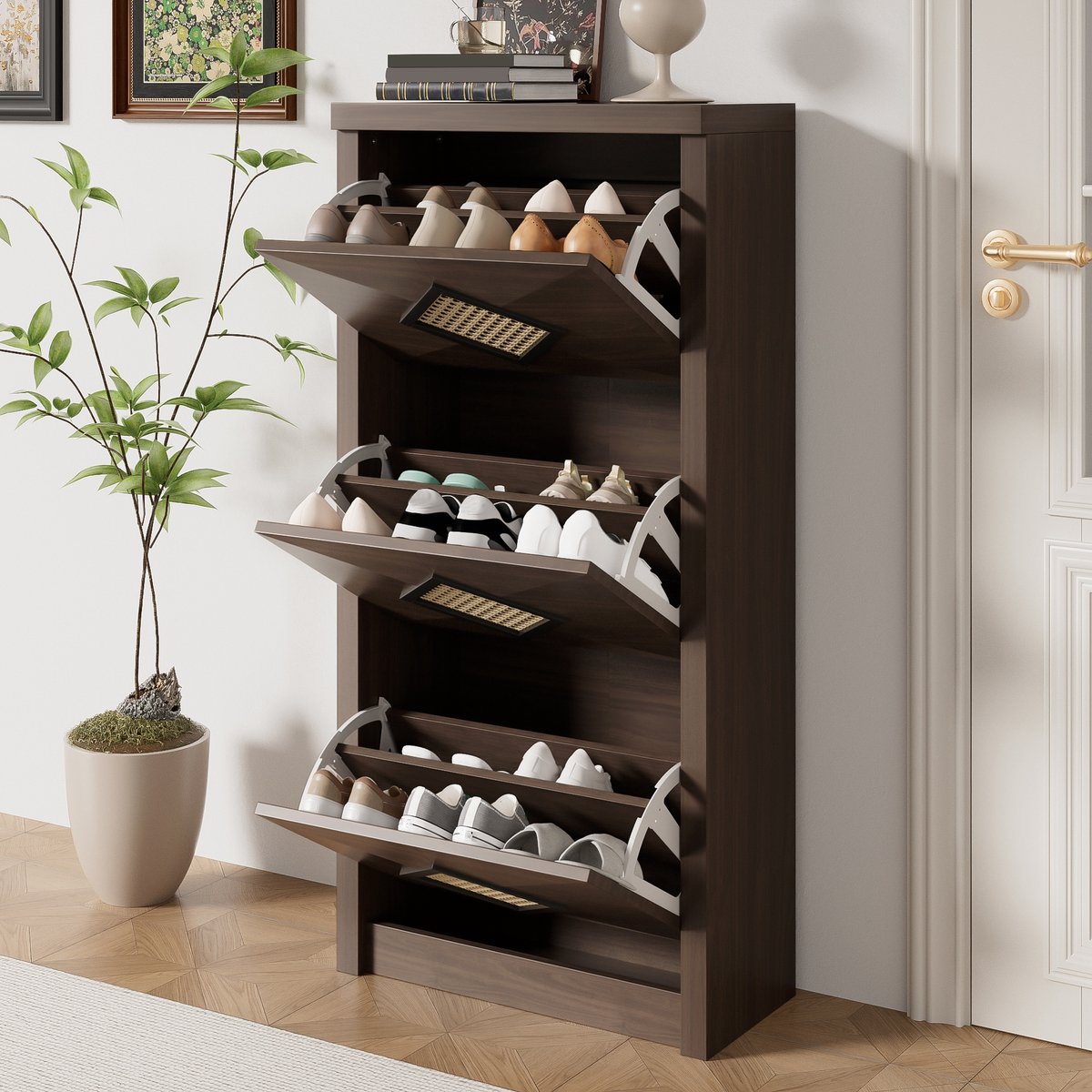 PHOEBE CAT Schoenenkast - Rotan afwerking - Vintage houtnerf - 54x25x115cm - Donkerbruin (6243254148133)