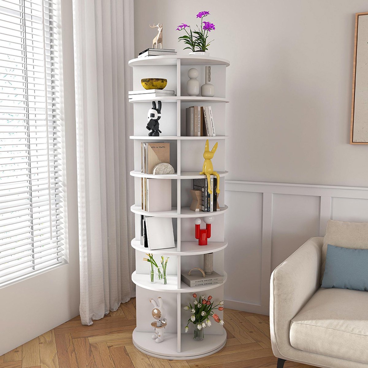 Pugsdrly Draaibare schoenenrek met 7 niveaus - 360° draaibaar, vrijstaand, ruimtebesparend, geschikt voor maximaal 28 paar schoenen, verhoogde basis voor laarzen, wit (60 × 60 × 184 cm) (7405214722206)