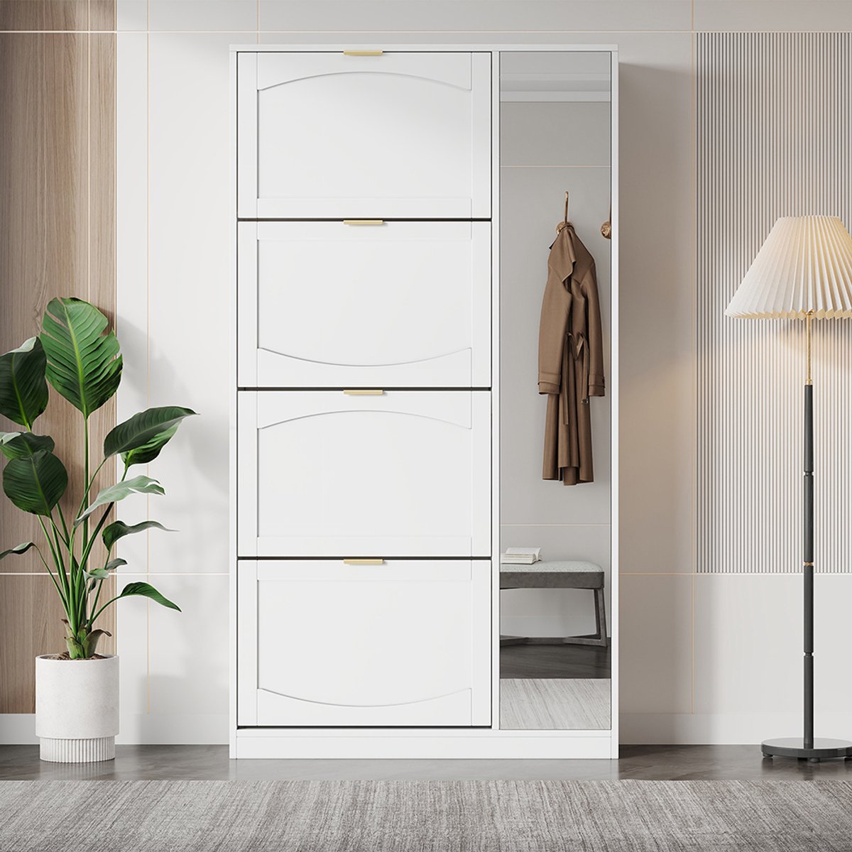 Pugsdrly Moderne schoenenkast met spiegel, 4 neerklapbare opbergvakken, verstelbare plank achter de rechter spiegel, ideaal voor in de gang, wit, afmetingen: L80/H147/P24 cm (6097843548879)