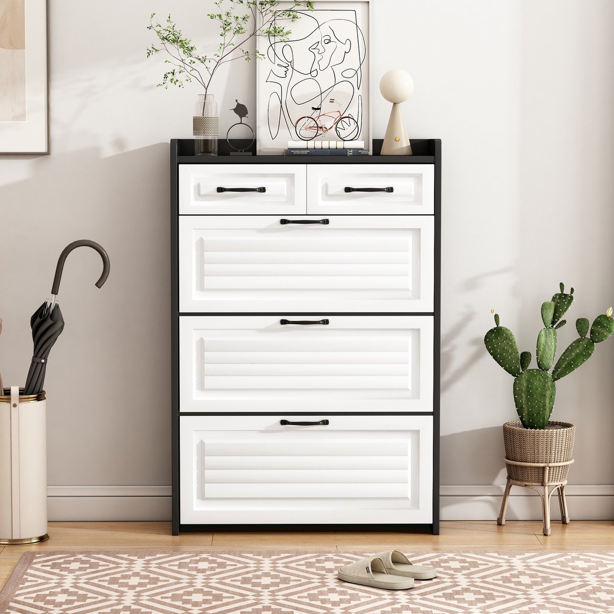 Re-purelife® Hoge Smalle Schoenenkast met 3 Draaiplanken en 2 Lades - Moderne Opbergkast met Zwarte Metalen Handgrepen - Space Saving Meubel voor de Hal 80x23.5x131 cm - Wit & Zwart (9331868536099)