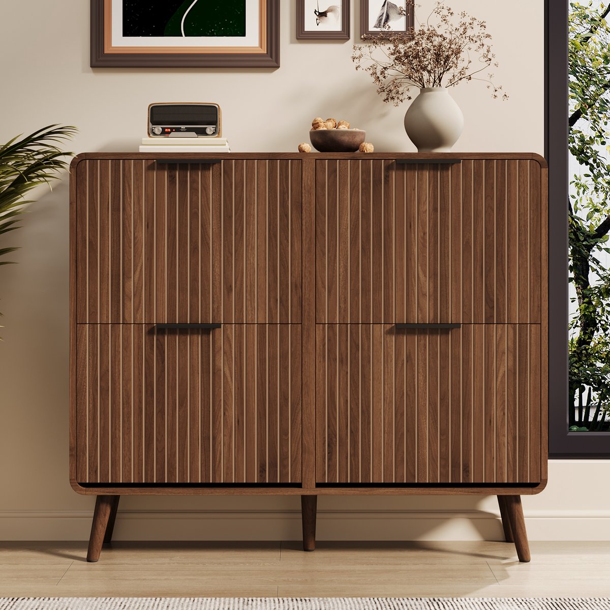 Re-purelife® Stijlvolle Schoenenkast 105 cm - 4-Deurs Opbergkast - Ruime Schoenenopberging met Walnoot Kleur - Dubbellaags Opbergrek - Scandinavisch Design - 105*24*90 cm (9331868535856)