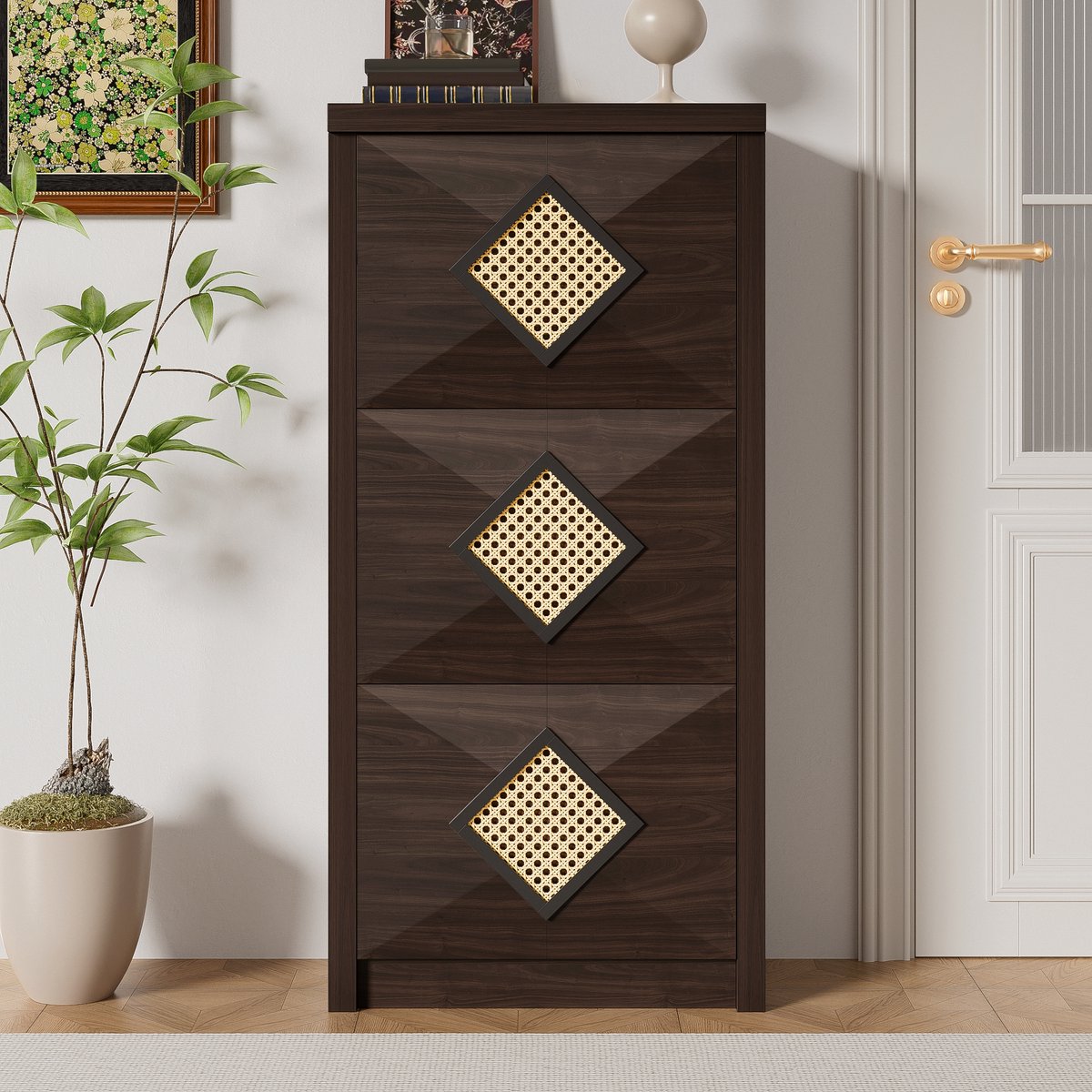 Re-purelife® Vintage Hoge Schoenenkast - Met Rattan Diamant Patroon - 3 Klapvakken - Smal en Hoog - Opbergkast Robuuste en Constructie - 54 x 25 x 115 cm - Donkerbruine Houtlook (9331868538727)