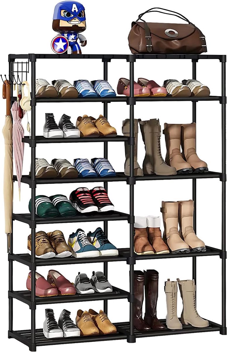 Ruime Metalen Schoenopberger met Tien Verstelbare Lagen en Haken, Zwart Design (6152517390335)