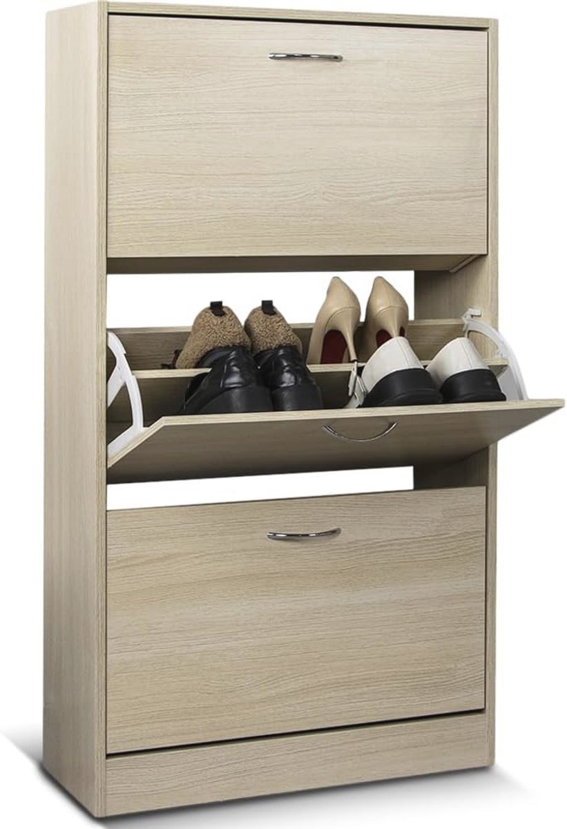 Ruimtebesparend Schoenenrek met 3 Klapdeuren en Dubbele Diepte - Melaminehout 60 x 24 x 120 cm (9101019013393)