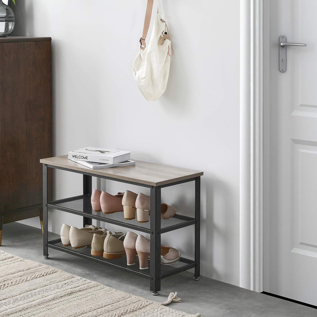 Schoenenbank industriële schoenenrek - 3-laags opbergorganizer met zitplank - stalen frame - entree woonkamer hal - greige en zwart - 73x30x45 cm (8785306253542)
