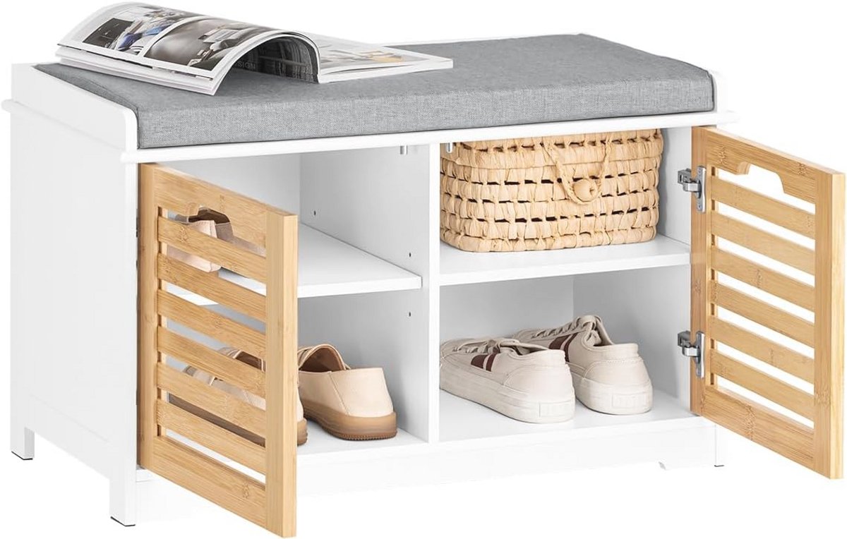 Schoenenbank met Gewatteerde Kussen en 2 Deuren voor Hal, Houten Opbergmeubel 71 x 35 x 43 cm (9101035605367)