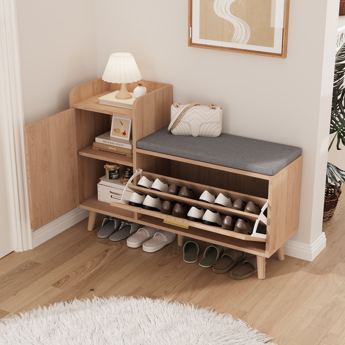 Schoenenbank met Opbergruimte, Verstelbare Zitting en Afneembare Scheiding - Multifunctioneel Schoenenmeubel voor Hal, Gang en Slaapkamer (6263822429648)