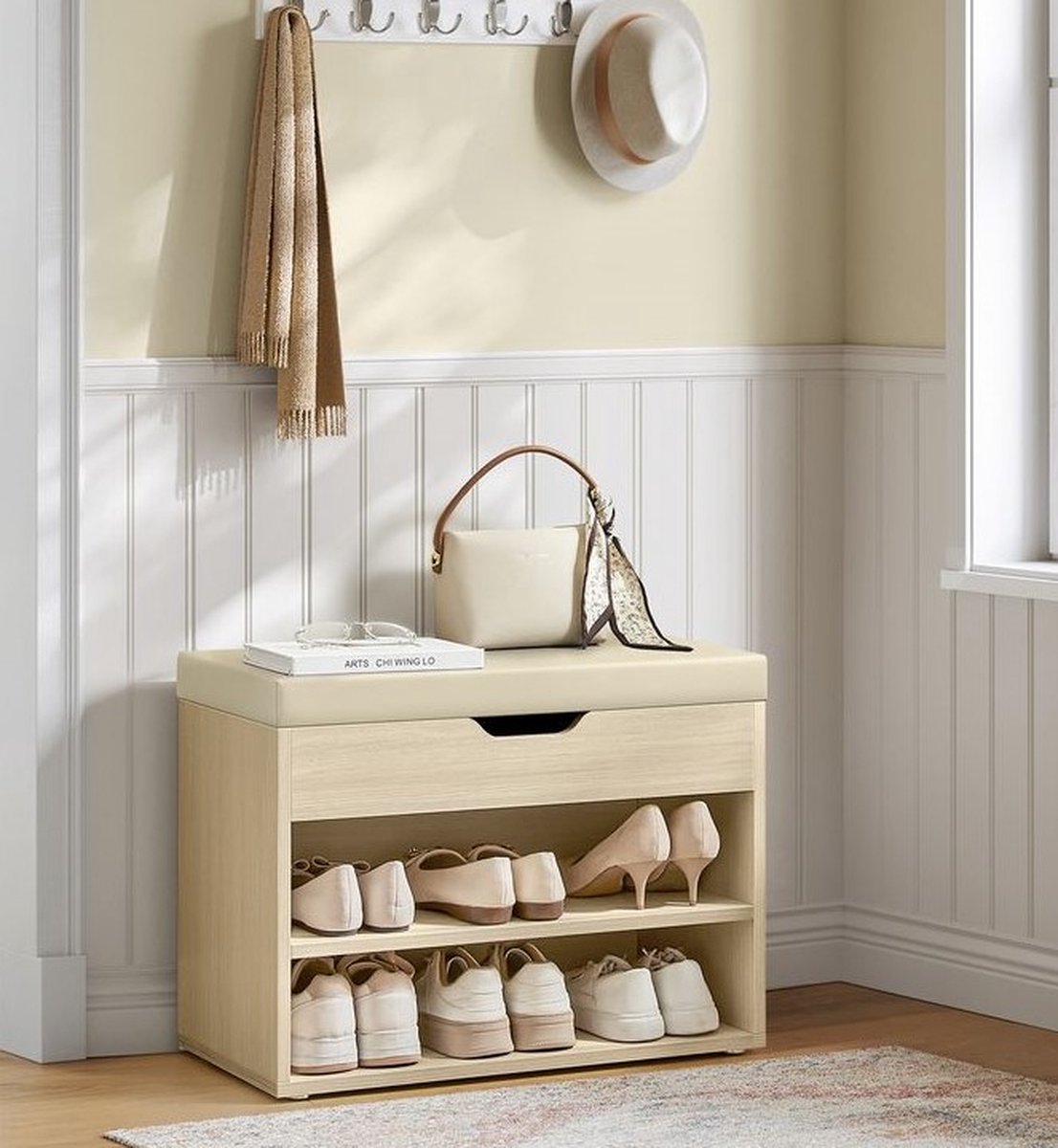Schoenenbank met Zitting - schoenenrek met gewatteerd kussen - schoenenorganizer met 3 niveaus - schoenenkast -beige (8720849723336)