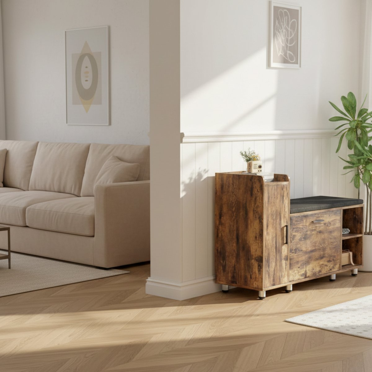 Schoenenbank met Zitvlak 105x34x67 cm - Altameubel Luxe Schoenenkast met Klapvak, Verstelbare Planken & Opbergdeuren - Houten Schoenenrek voor Hal & Woonkamer - Bruin (9509149559727)