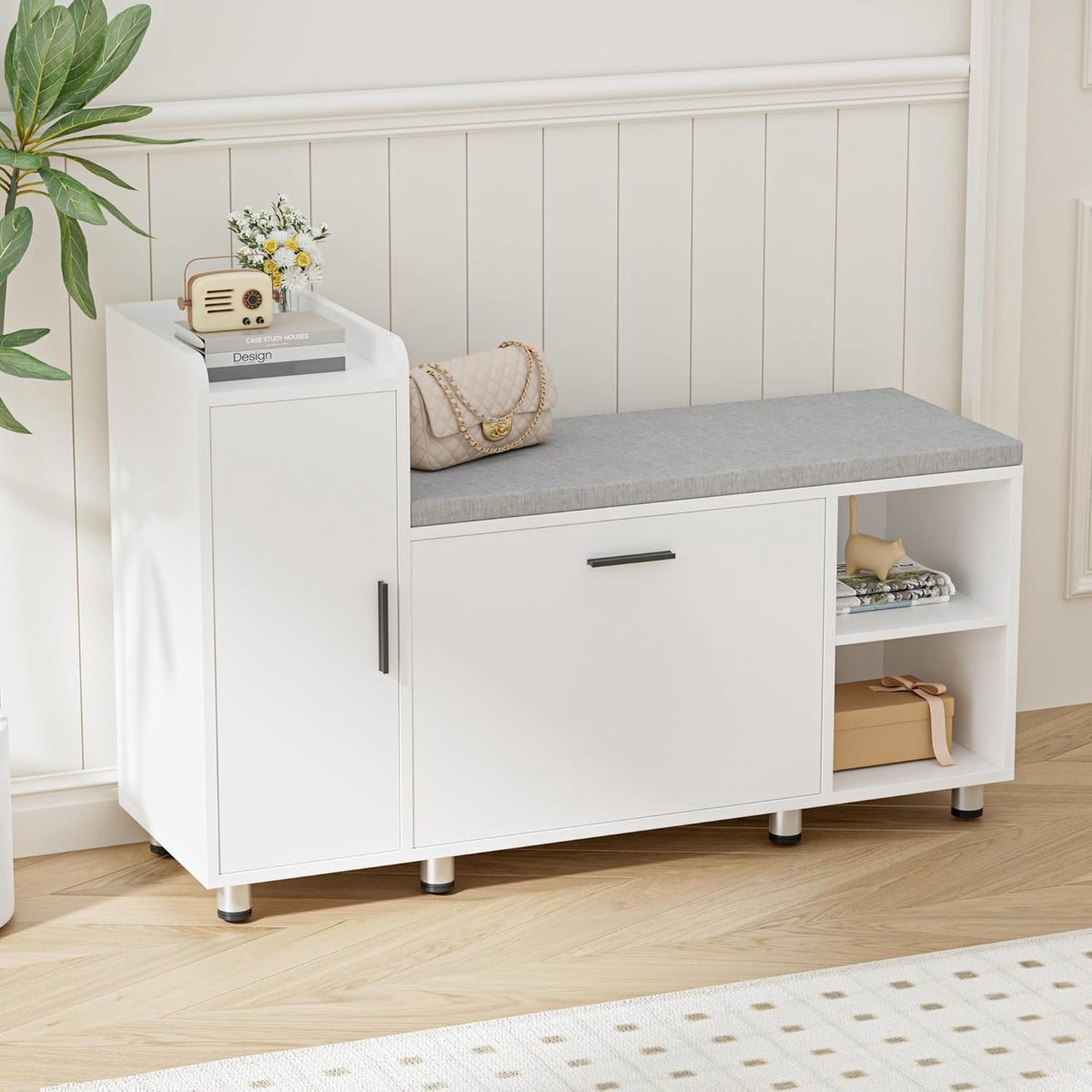 Schoenenbank met Zitvlak & Opbergruimte - 105 x 34 x 67 cm - Altameubel Luxe Schoenenkast met Klapvak, Verstelbare Planken, Deuren & Open Vakken - Wit - Stevige Metalen Poten - Inclusief Zitkussen (9501724386933)