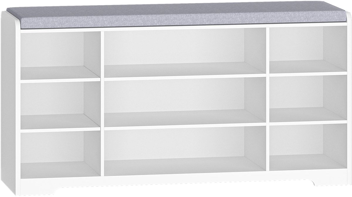 Schoenenbank - met Zitvlak en Opbergkussen - Schoenenrek met 9 Vakken - Verstelbare Planken - Minimalistisch Design - Opbergbank voor Woonkamer - Wit/Grijs - 30 x 103 x 52,7 cm (8721297996679)