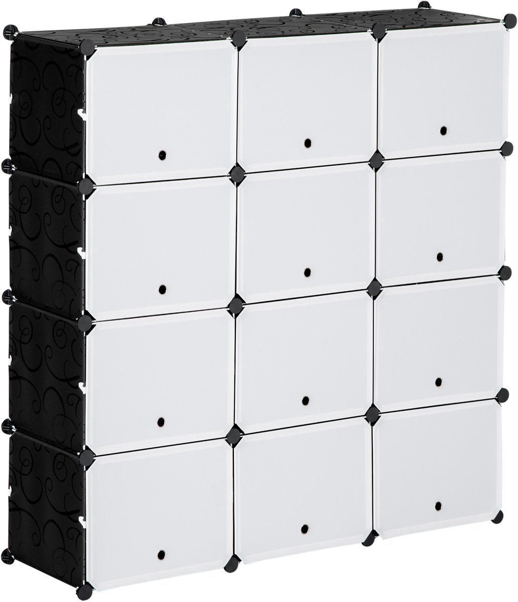 Schoenenkast - 125 x 32 x 125 cm - DIY Opbergkast met 12 Kubussen en Deuren - Kunststof en Staal - Zwart Wit (8901660551166)