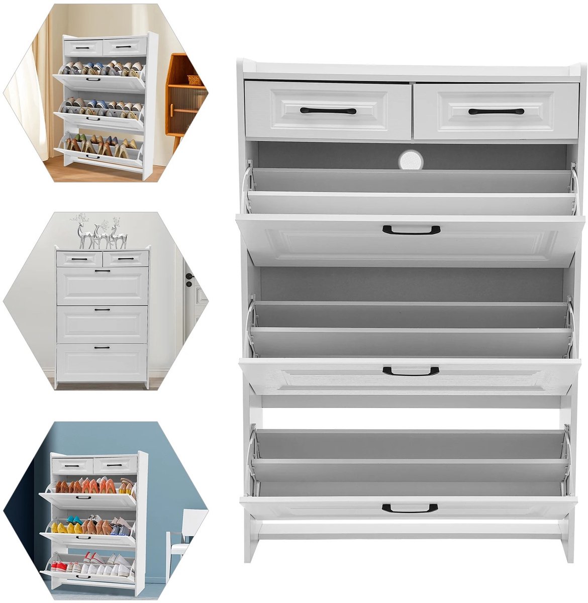 Schoenenkast 3 Lagen - Kantel- en Ladeontwerp - Verstelbare Verdelers - Modern Wit - Ruimtebesparend (6153908753708)