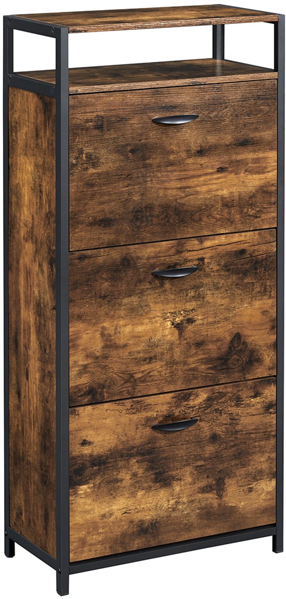 Schoenenkast 60x30x130cm Rustiek Bruin Zwart Hout Hal Gang Woonkamer 3 Kleppen Met Open Vak En Interne Verdeler (4255839493158)