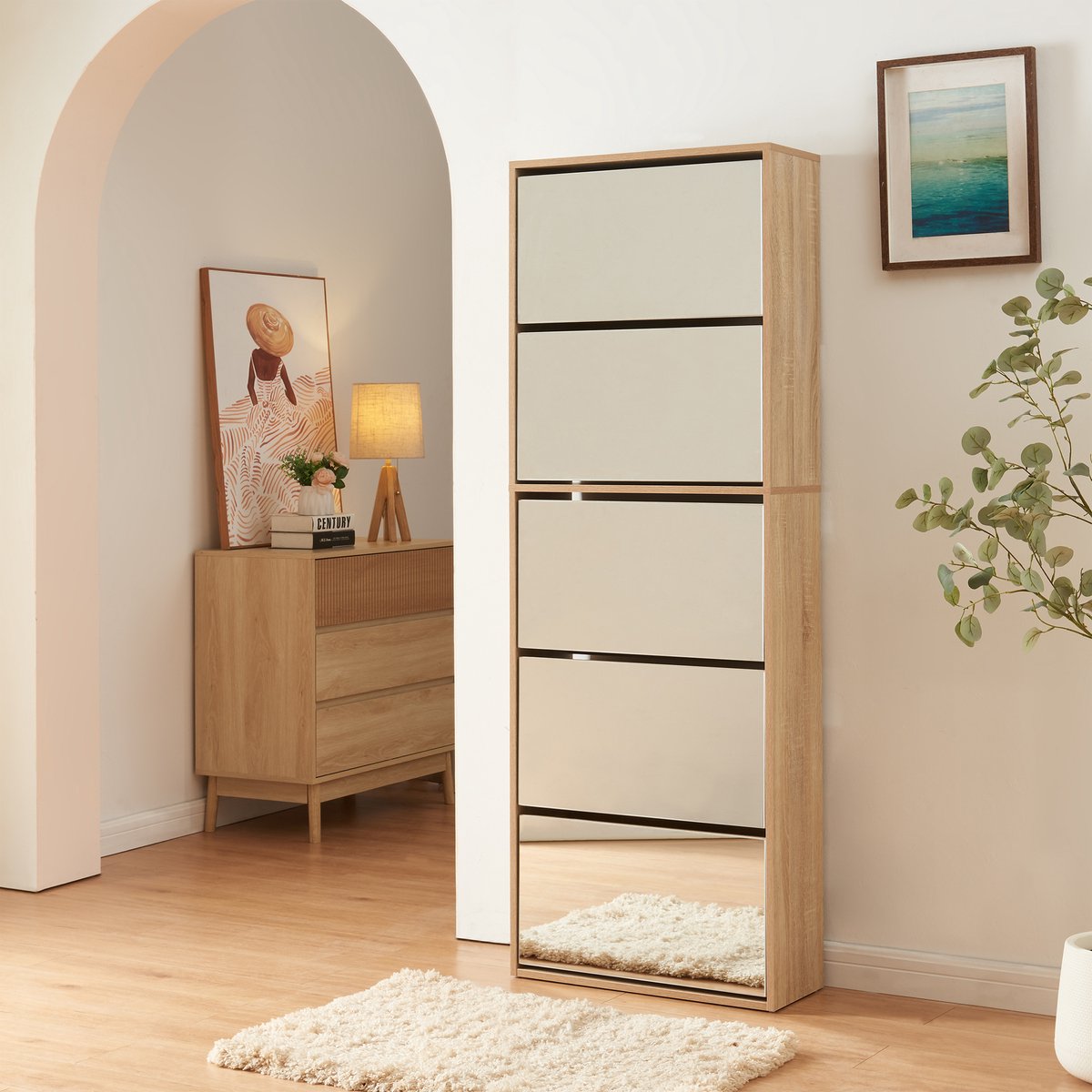 Schoenenkast Lund met 5 kleppen spiegeldeuren sonoma eikenkleurig 169x60x24 cm [en.casa] (4059438949067)