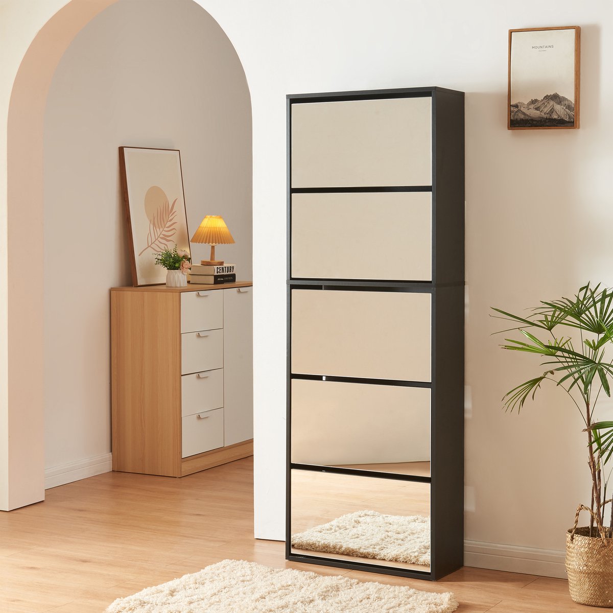 Schoenenkast Lund met 5 kleppen spiegeldeuren zwart 169x60x24 cm [en.casa] (4059438949012)