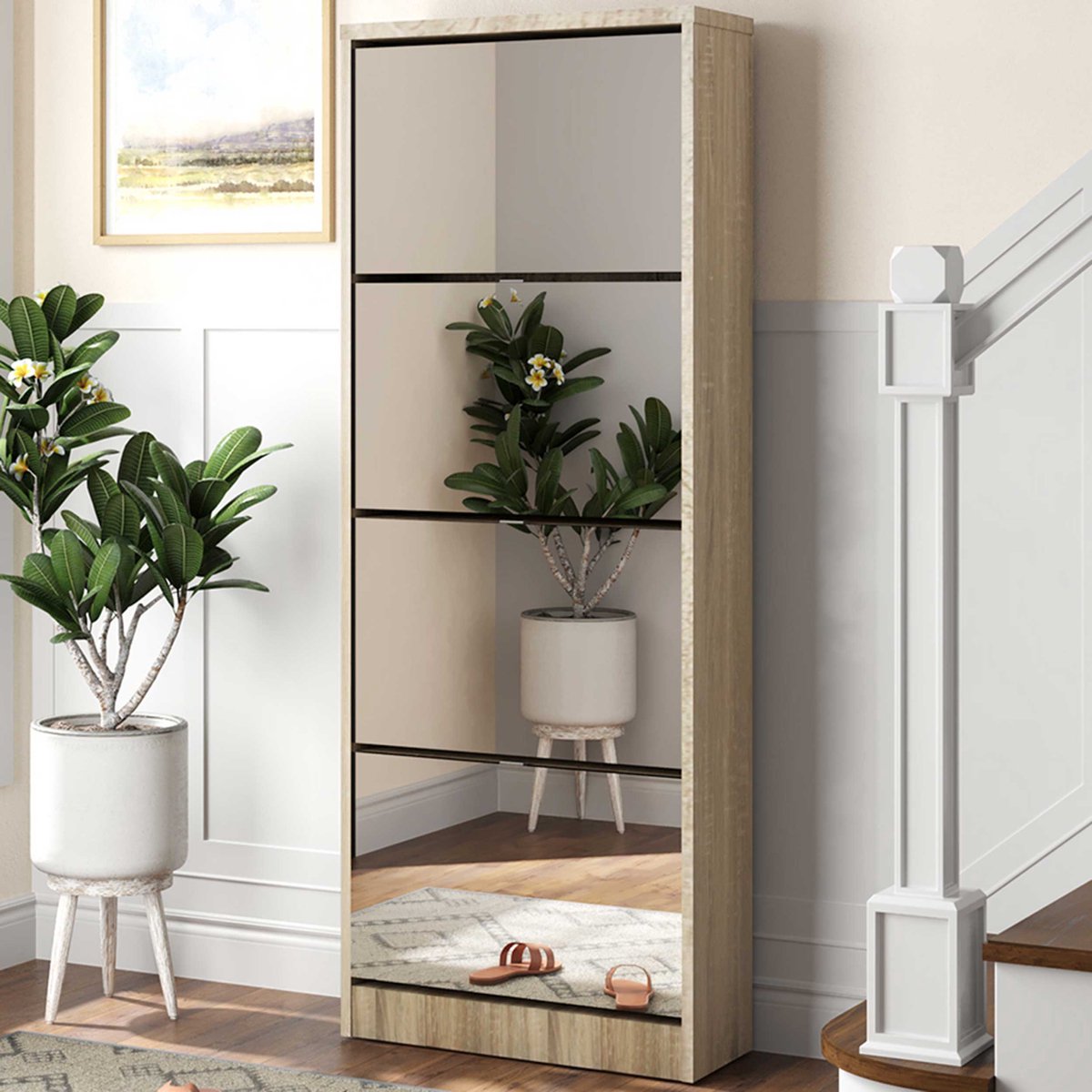 Schoenenkast Mex - 60x23x161cm - 4 deuren - met spiegel - sonoma eik - Rousseau - Schoenenkast - Bruin - Melamine; Spiegel; Spaanplaat - (5400860523124)