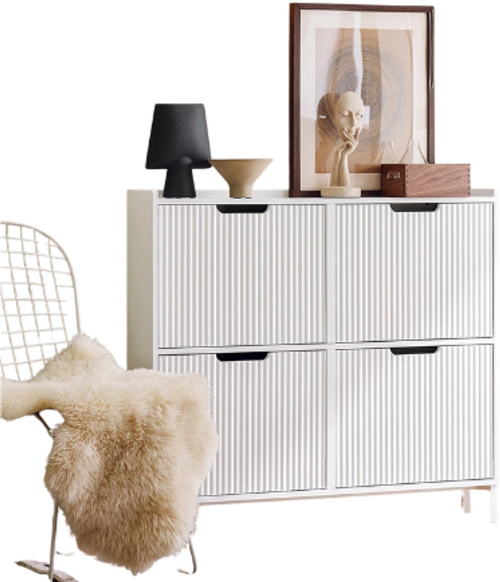 Schoenenkast - Modern, wit Gelakt MDF & Metaal - Slank Design (100x91x19 cm) - Geribbeld profiel (8721447042041)