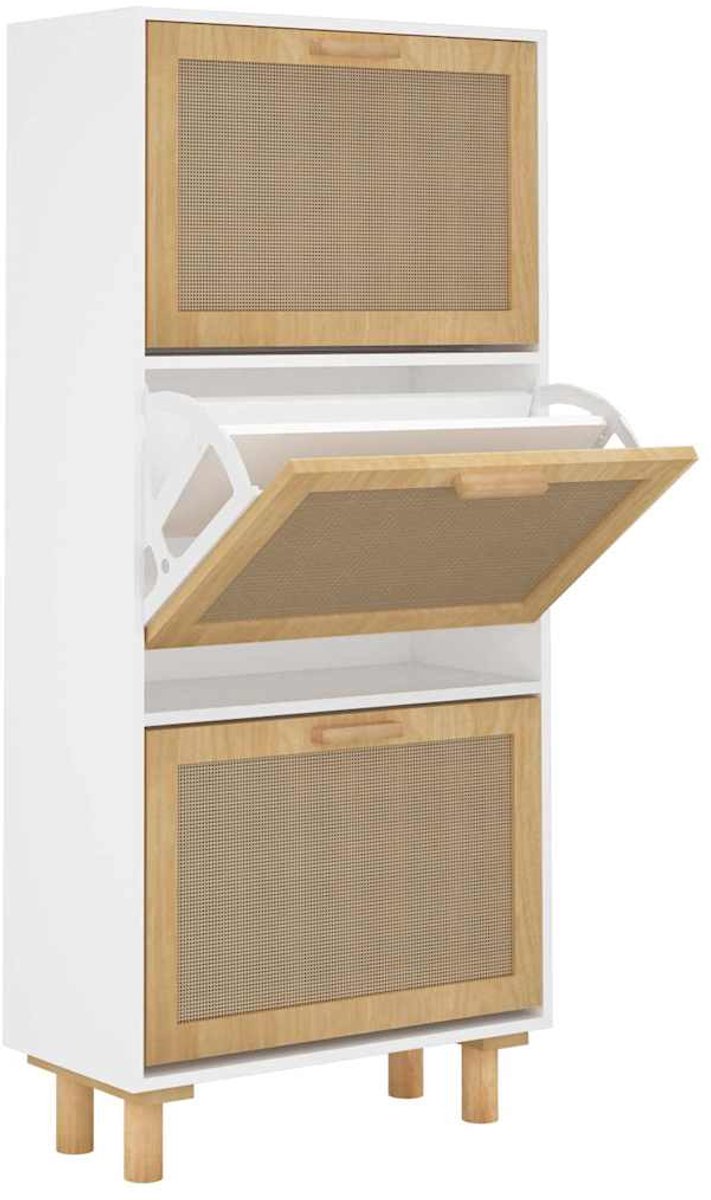Schoenenkast | Schoenenrek | Opbergkast 52x25x115 cm bewerkt hout en natuurlijk rattan wit (6248446690018)