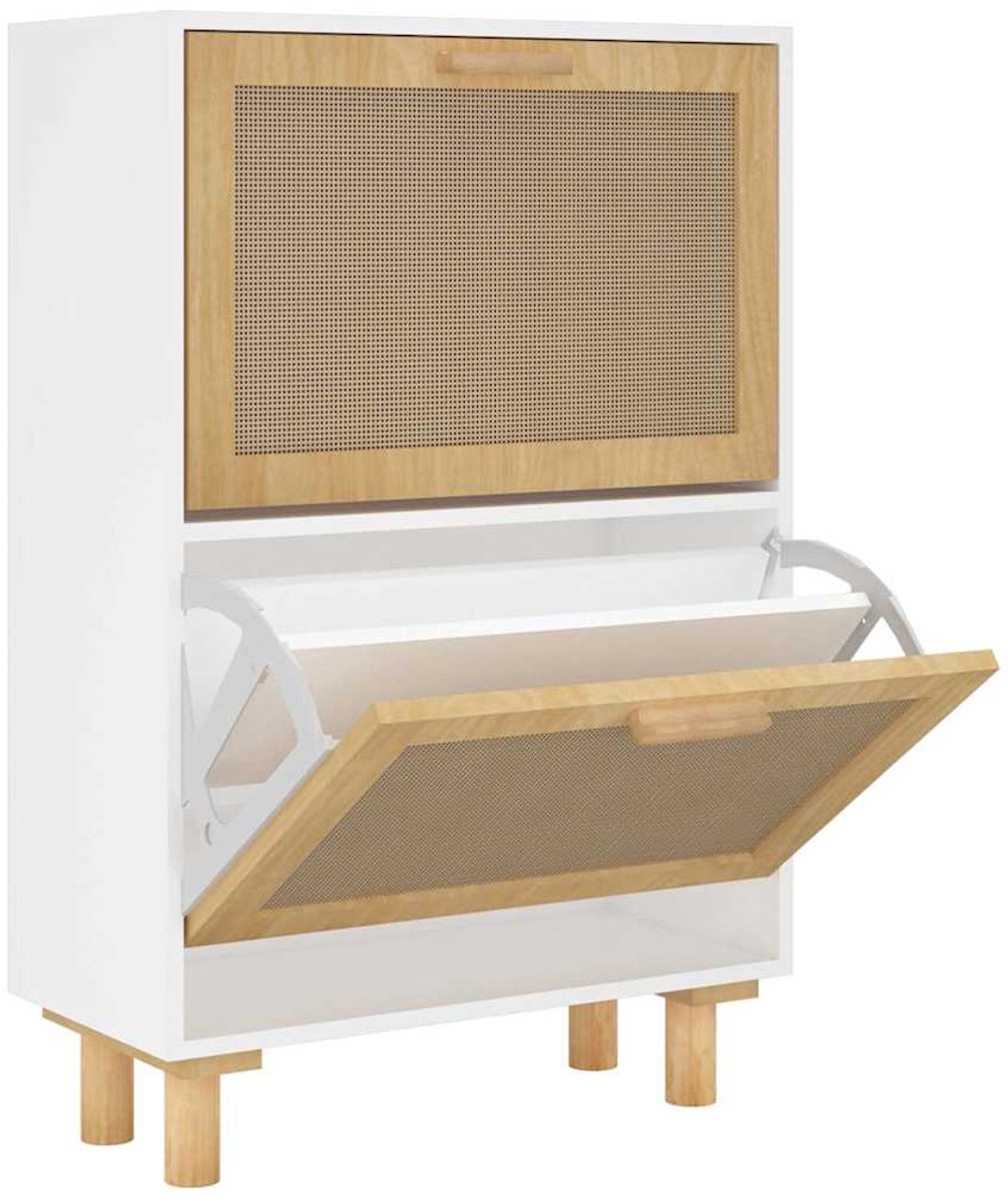 Schoenenkast | Schoenenrek | Opbergkast 52x25x80 cm bewerkt hout en natuurlijk rattan wit (6248446690087)