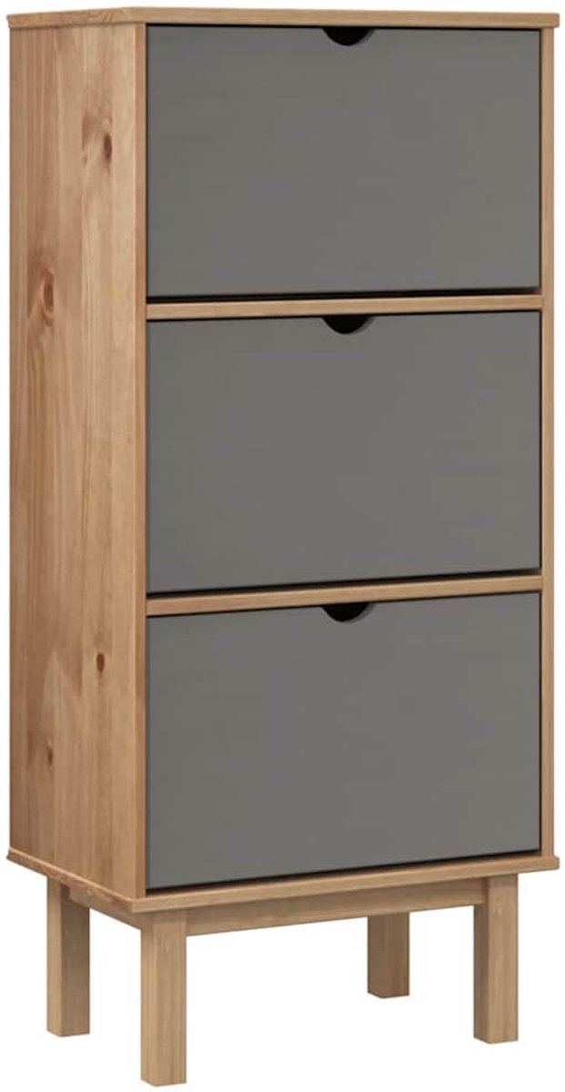 Schoenenkast | Schoenenrek | Opbergkast OTTA 3 lades massief grenenhout bruin en grijs (6248446694641)