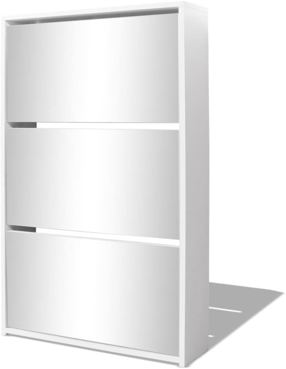 Schoenenkast | Schoenenrek | Opbergkast drielaags met spiegel 63x17x102,5 cm wit (6248446693255)