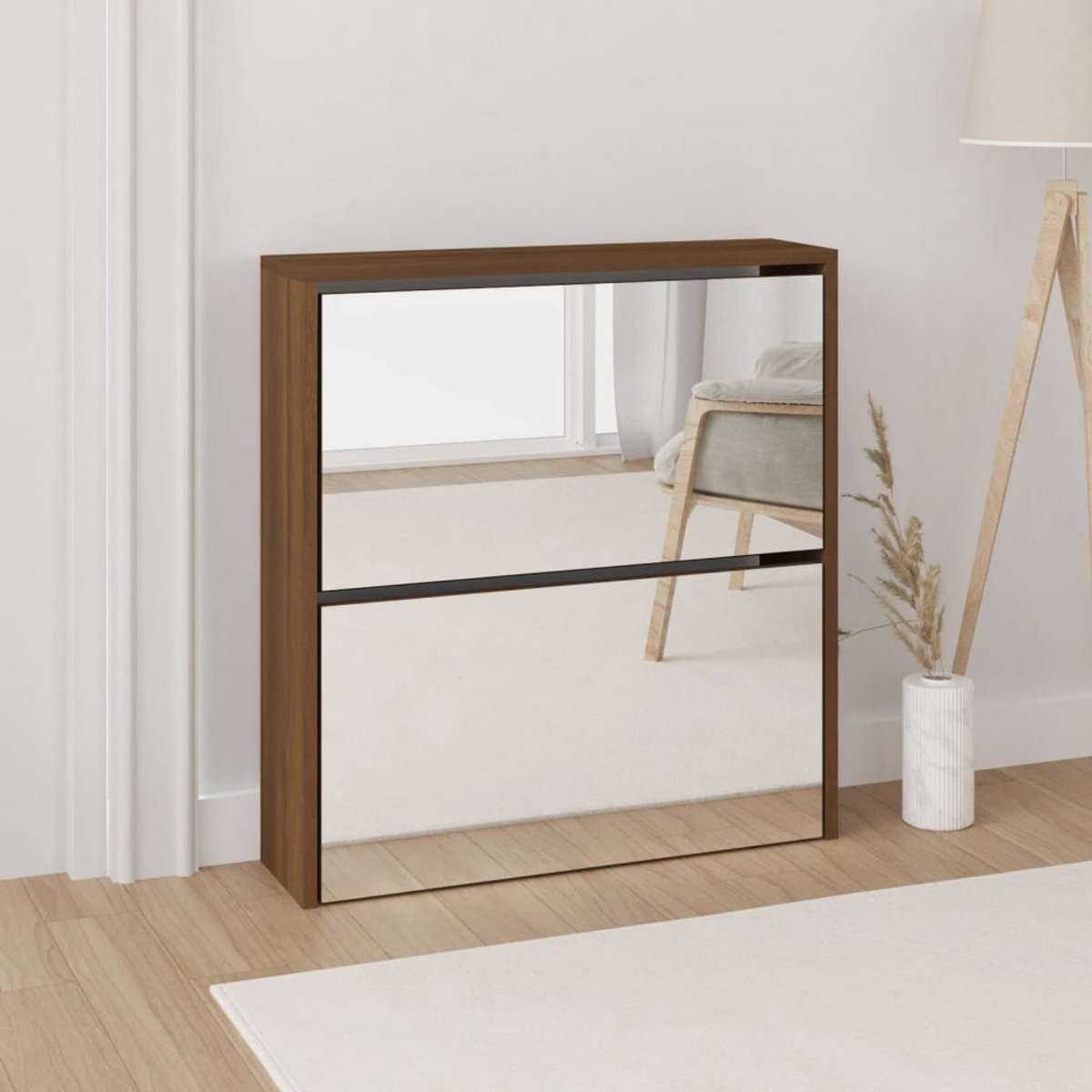 Schoenenkast | Schoenenrek | Opbergkast met spiegel 2-laags 63x17x67 cm bruineiken (6248446694405)