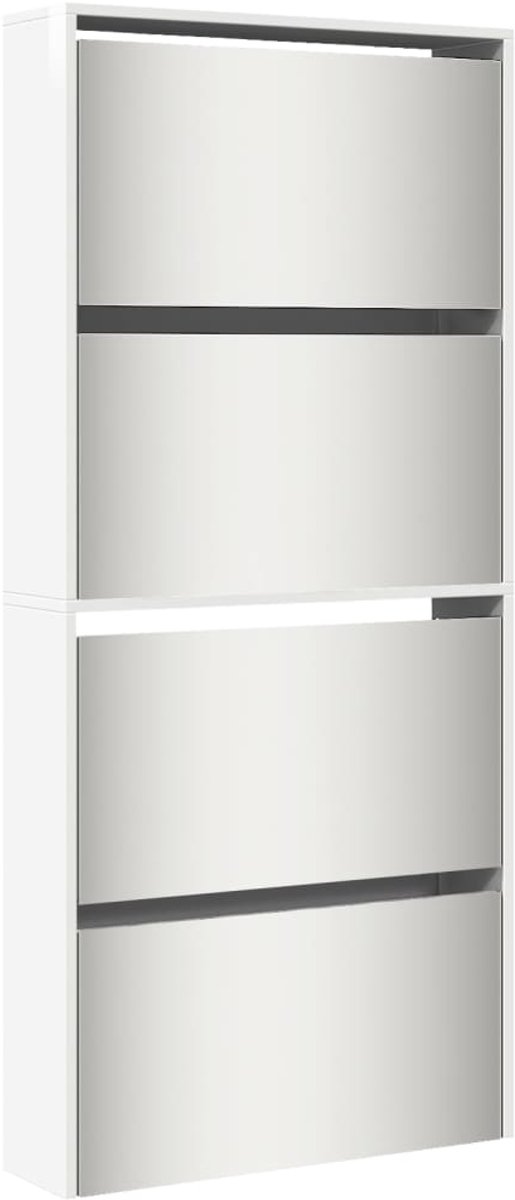 Schoenenkast | Schoenenrek | Opbergkast met spiegel 4-laags 63x17x134 cm hoogglans wit (6248446694535)
