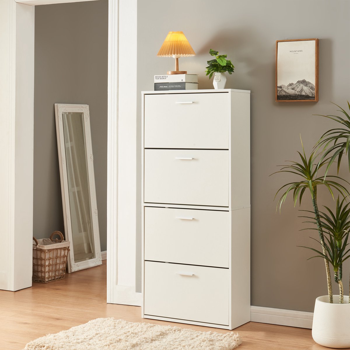 Schoenenkast Sykkylven 4 kleppen wit 134x60x24 cm [en.casa] (4059438948947)