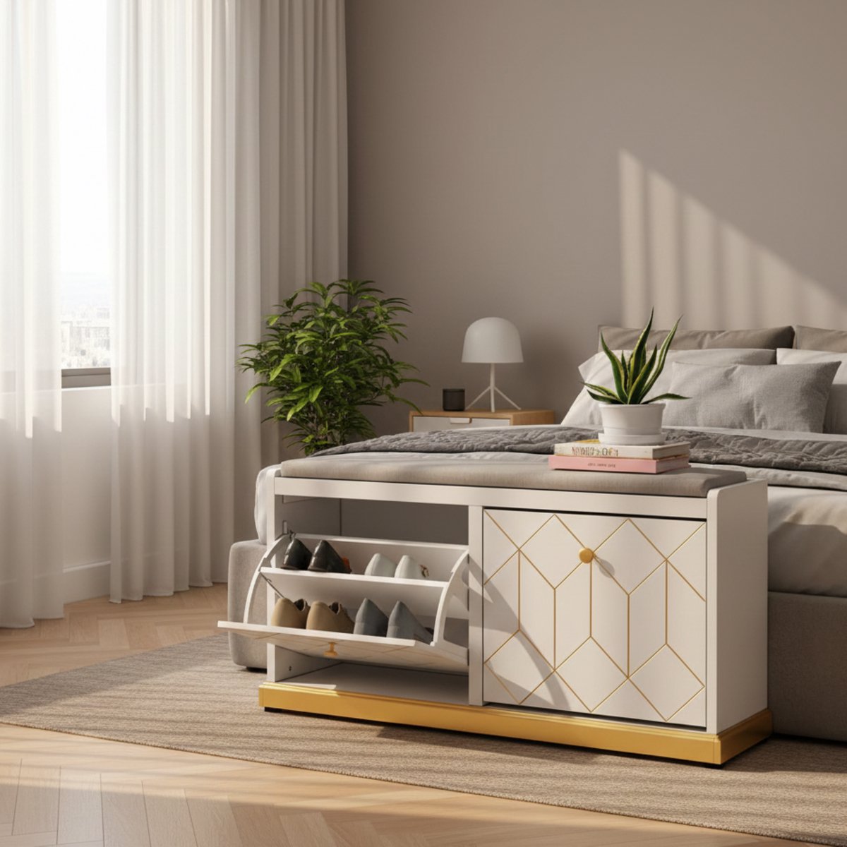 Schoenenkast en Schoenenbank Altameubel 2-Laden met Gevoerde Zitting - Verstelbare Schoenenrekken - Hal Kast Woonkamer Opbergmeubel - Wit - 100x50x27 cm (9505992963810)