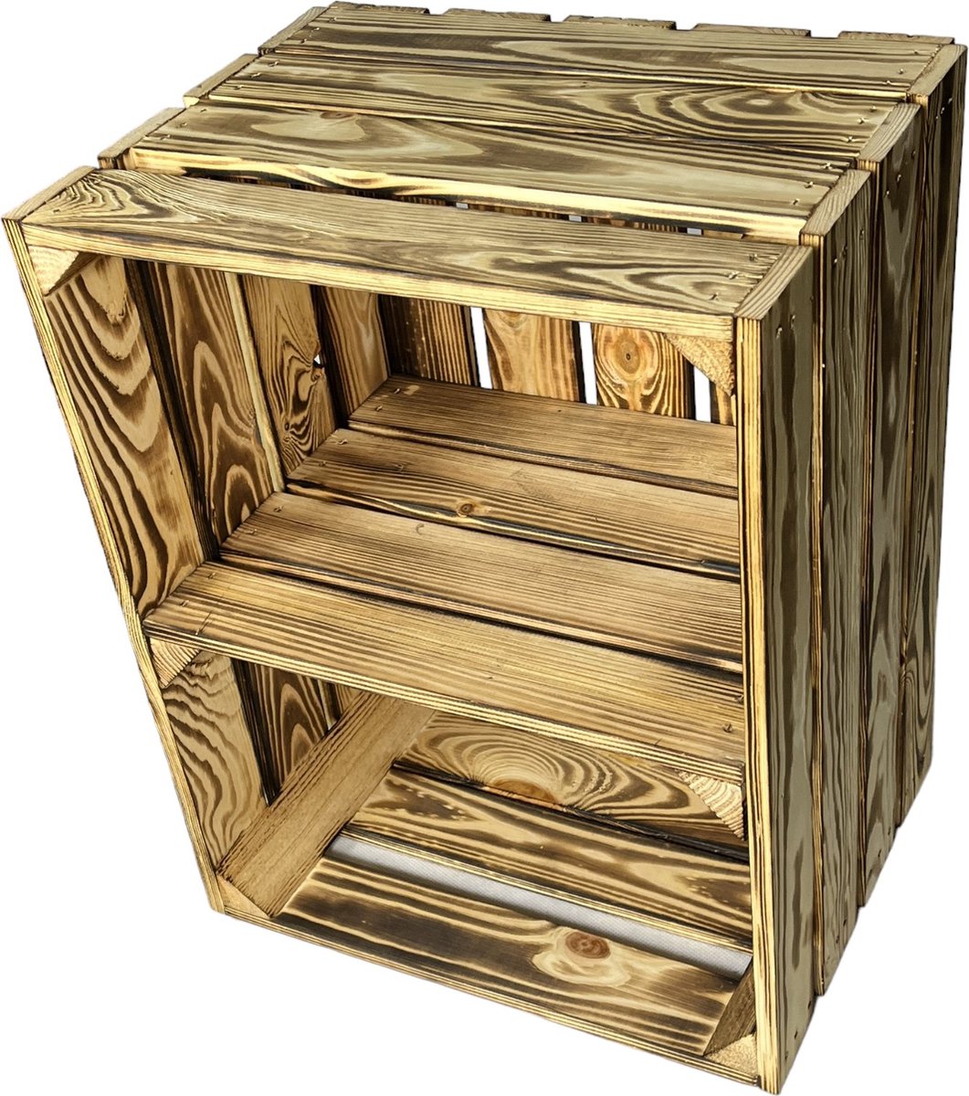 Schoenenkast (fruit) kistje nieuw (Set van twee kisten) - plank over de korte zijde- Gebrand - Fruitkist met legplank - DecoLis (8719992744022)