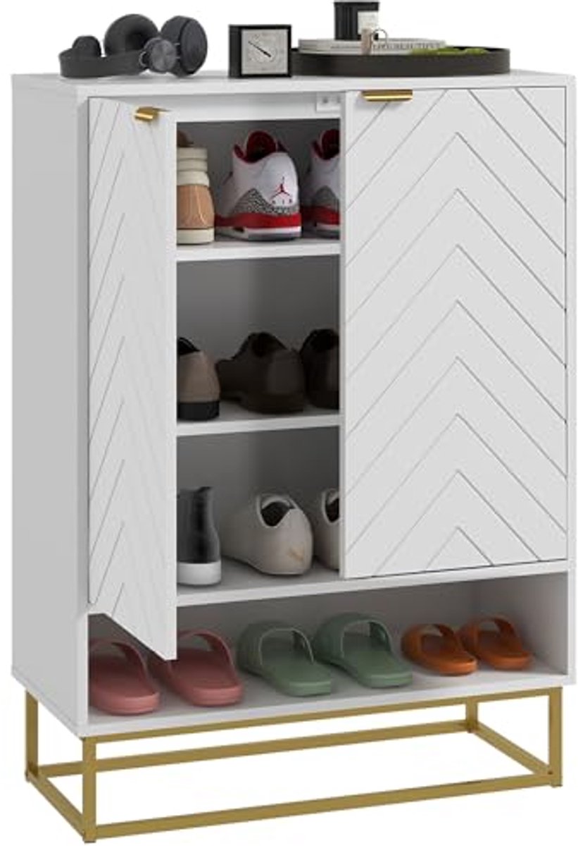Schoenenkast met 12 paar capaciteit, verstelbare planken en stijlvolle chevrondeuren in wit (6154455114189)