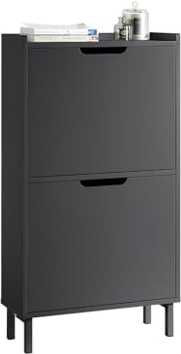 Schoenenkast met 2 Klapvakken en 4 Planken - Opslagmeubel voor de Hal - Zwart 50x90x19cm (6154028251280)